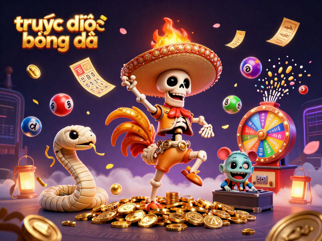 Experience trực tiếp bóng đá with our vibrant, dynamic illustration featuring casino elements and energetic characters.