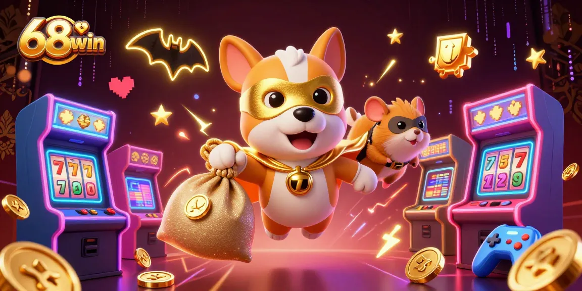 Engage in thrilling gameplay as 68win's mascot dog soars with coins, surrounded by vibrant arcade elements.