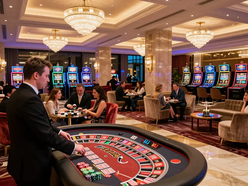 Guests enjoying the vibrant atmosphere at the luxurious casino lobby of https://lc88.it.com/ with engaging gameplay.