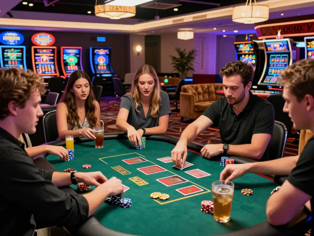 Group enjoying Bomwin gaming experience at modern casino table with vibrant atmosphere.