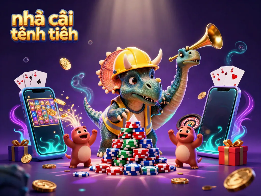 Engaging scene of nhà cái tặng tiền celebration with triceratops and game elements.
