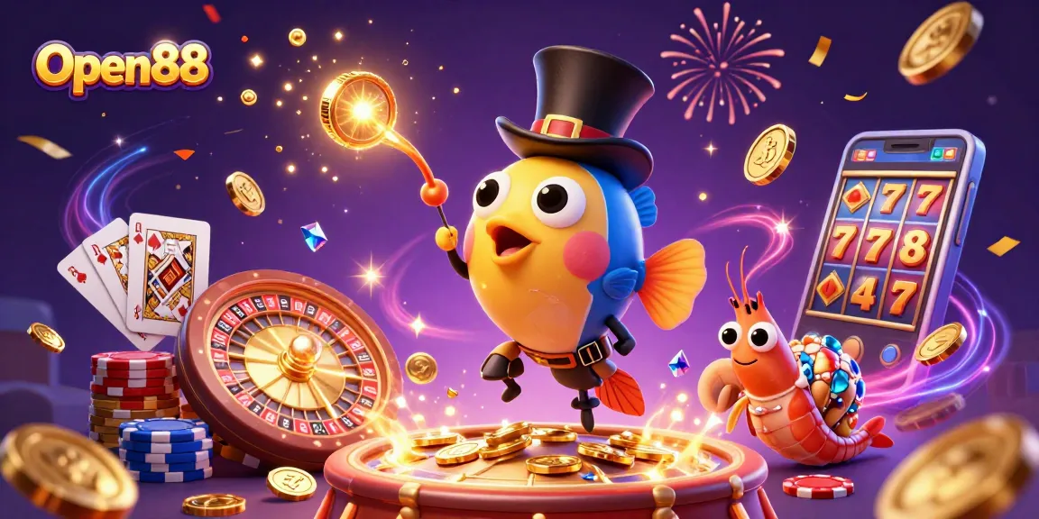 Experience thrilling gameplay at Open88 with animated casino-themed characters attracting golden coins and treasures in a vibrant scene.