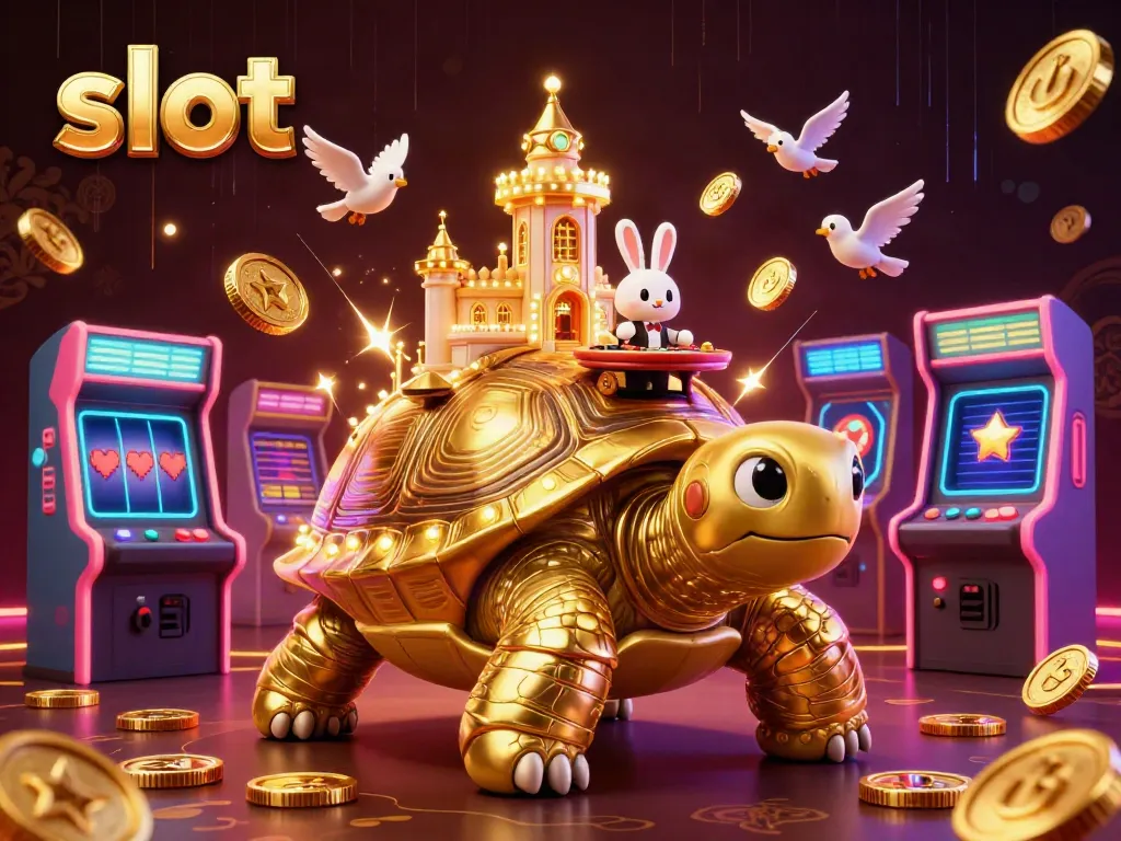 Engage in dynamic slot gameplay with a whimsical tortoise casino scene featuring lively game elements.
