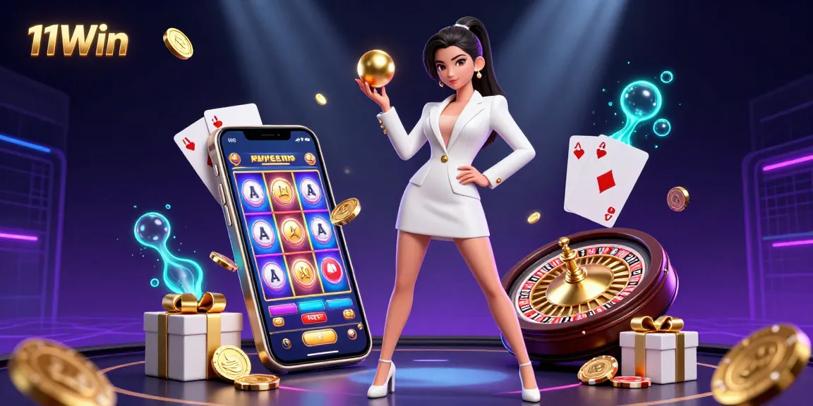 Experience the vibrant thrill of 11Win as a stylish woman engages with casino elements and colorful games.