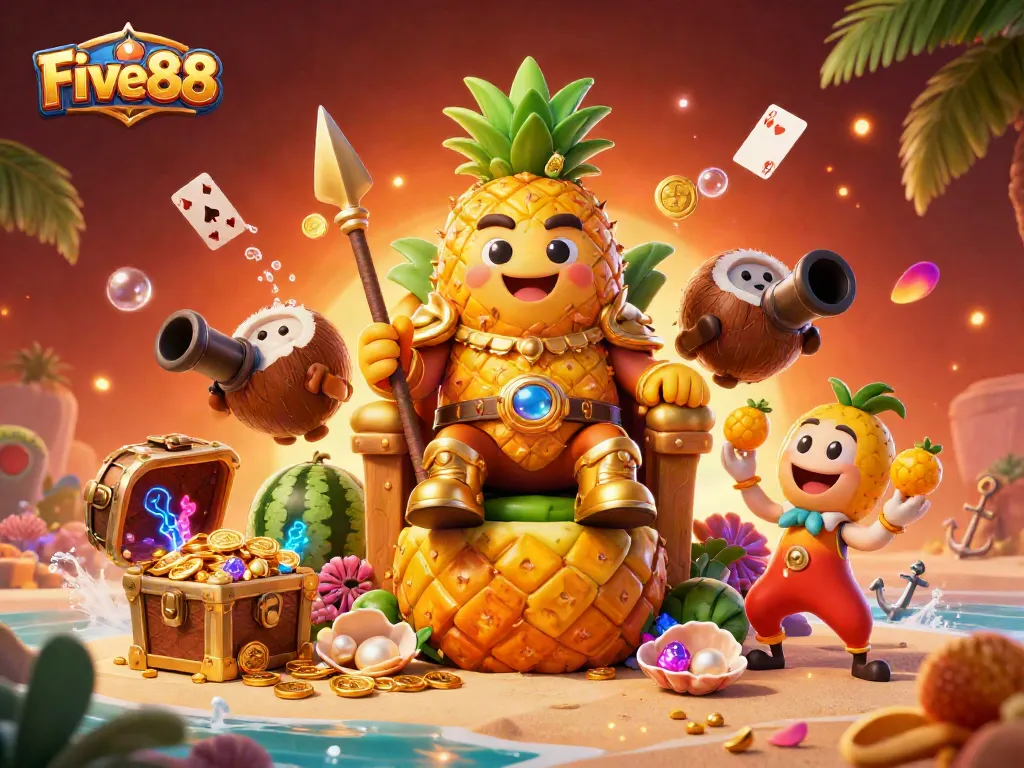 Experience the thrill of Five88 with a 3D tropical casino scene featuring a golden pineapple king and vibrant game elements.