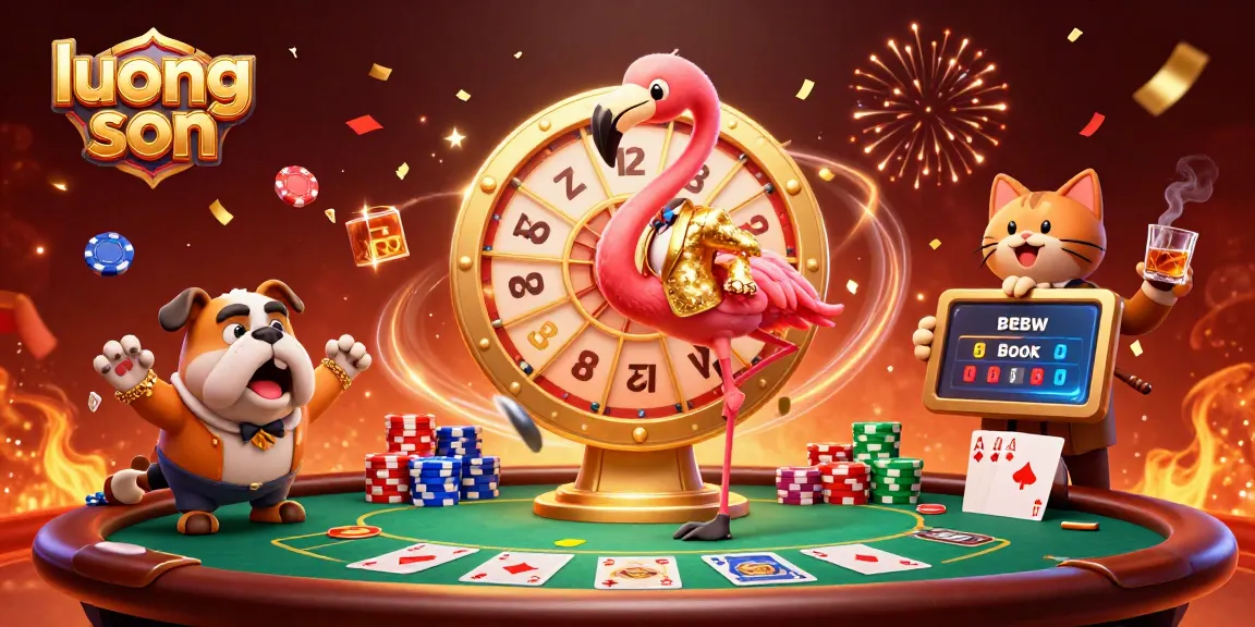 Engaging scene showcasing luong son with a cartoon flamingo host and bulldog contestant at a vibrant casino event.