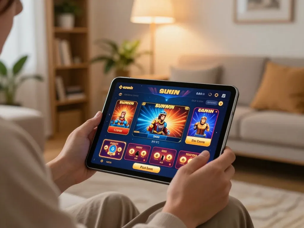 Enjoying Sunwin's online casino experience with vibrant graphics and a cozy atmosphere.