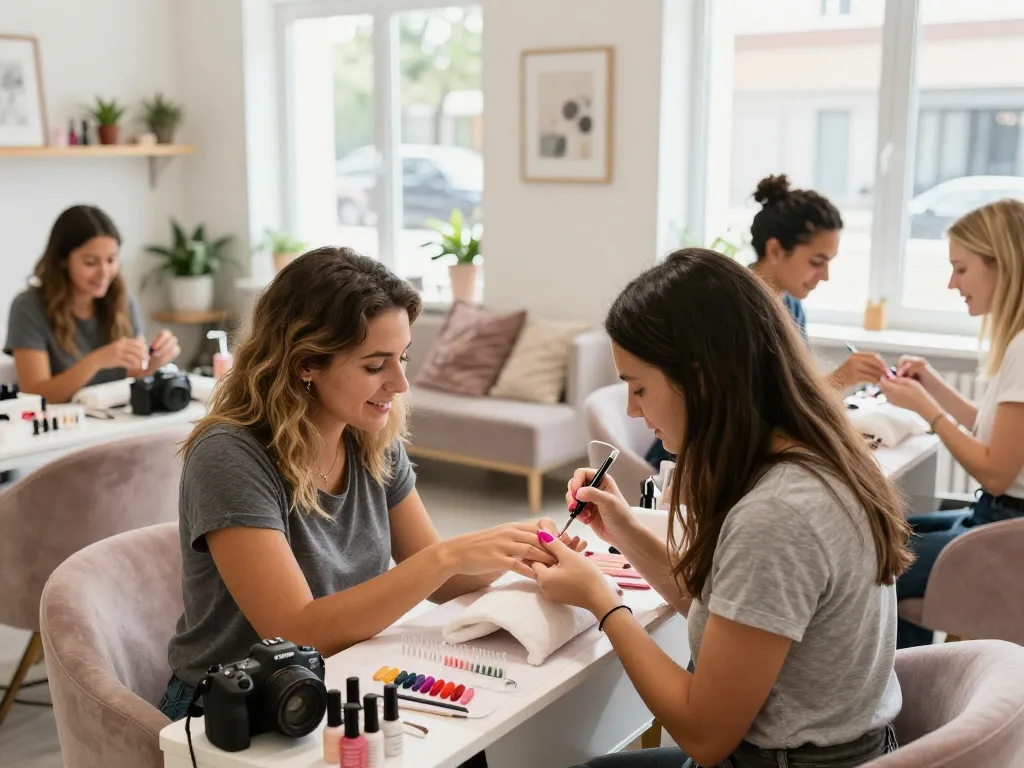 Elegant nail salon with technician applying vibrant gel polish to client's nails, showcasing nails and beauty services