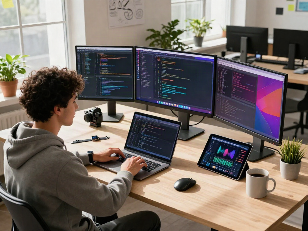 Developer crush on innovative software design in a vibrant tech workspace.