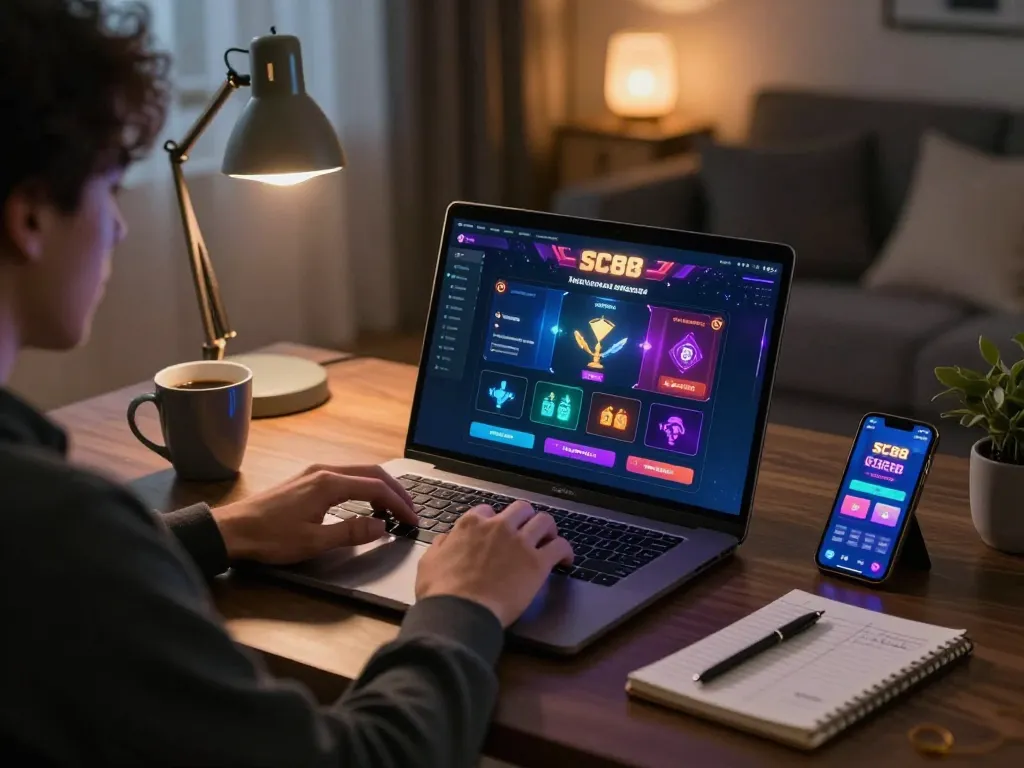 Engaging with the SC88 Game online through a laptop while enjoying a cozy ambiance and strategic betting.