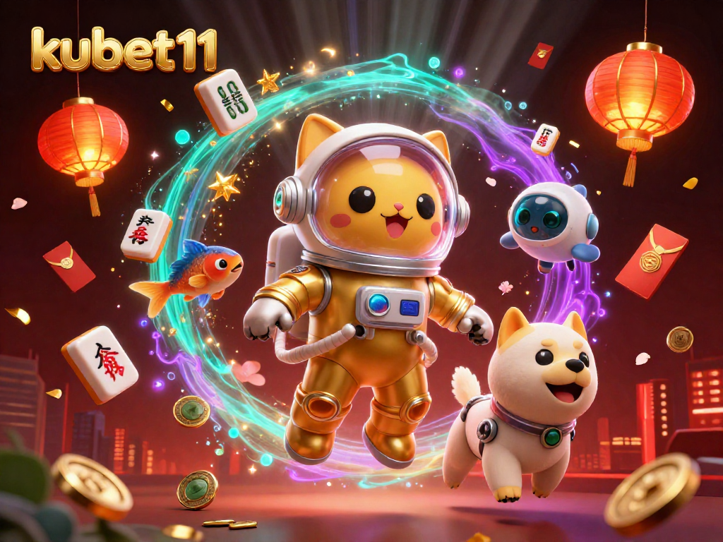 Experience thrilling gameplay at kubet11 with a dynamic scene of a golden space astronaut cat and robot dog in a vibrant casino nebula.