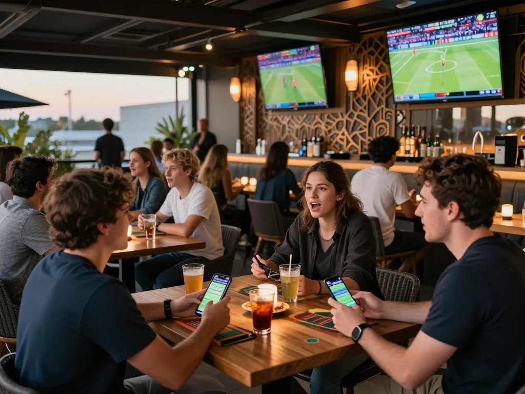 Watch friends enjoy betting on their favorite sports with xo88 mobile app at a lively rooftop bar.