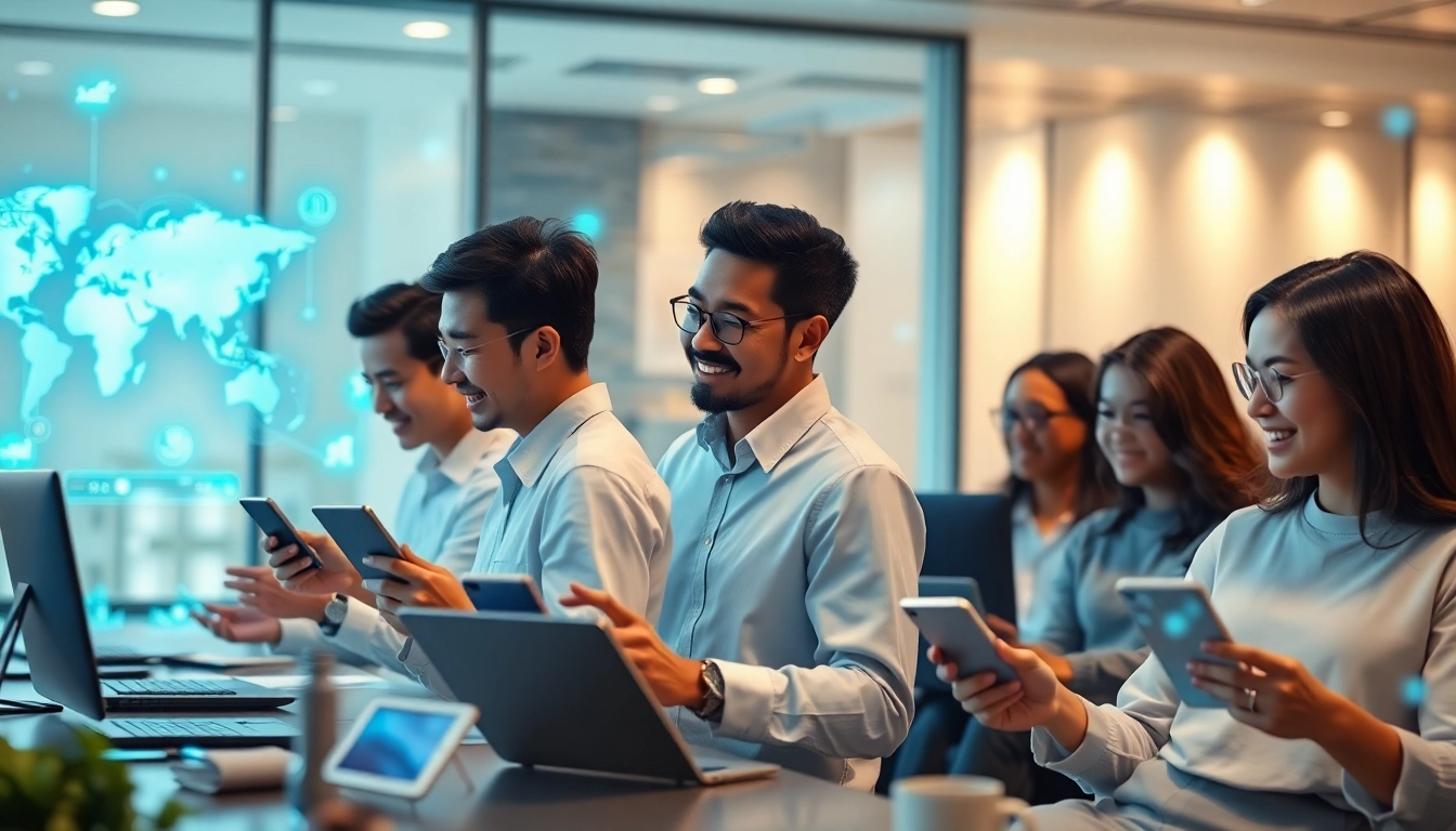 Dynamic workspace highlighting 快连官网 usage with diverse users accessing global internet via advanced network technology.