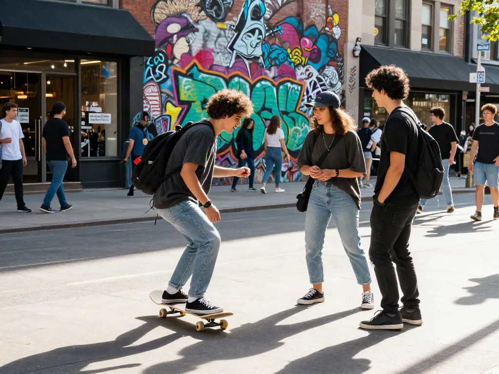 Youthful person enjoying vibrant street life with rokok88 skateboard in urban setting.