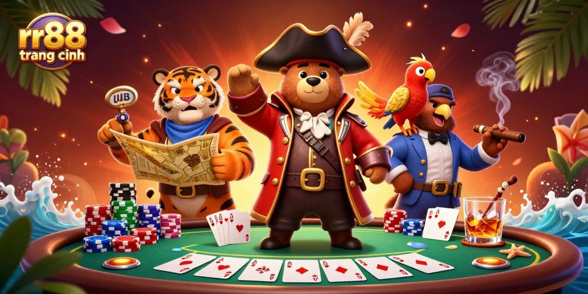 Engage in thrilling gameplay at rr88 trang chính with poker tables, vibrant characters, and luxurious casino atmosphere.