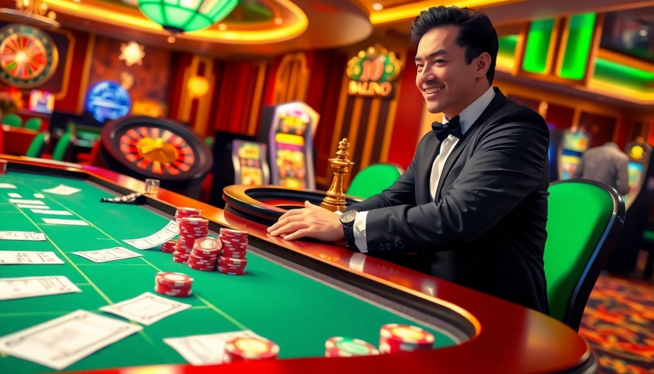 Dynamic casino scene capturing the essence of Nhà cái uy tín with excited players and vibrant games.