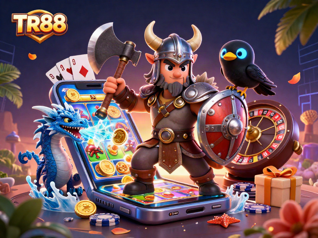 TR88 - Engage in thrilling slots with Viking wolf warrior, fierce dragon, and vibrant casino elements.
