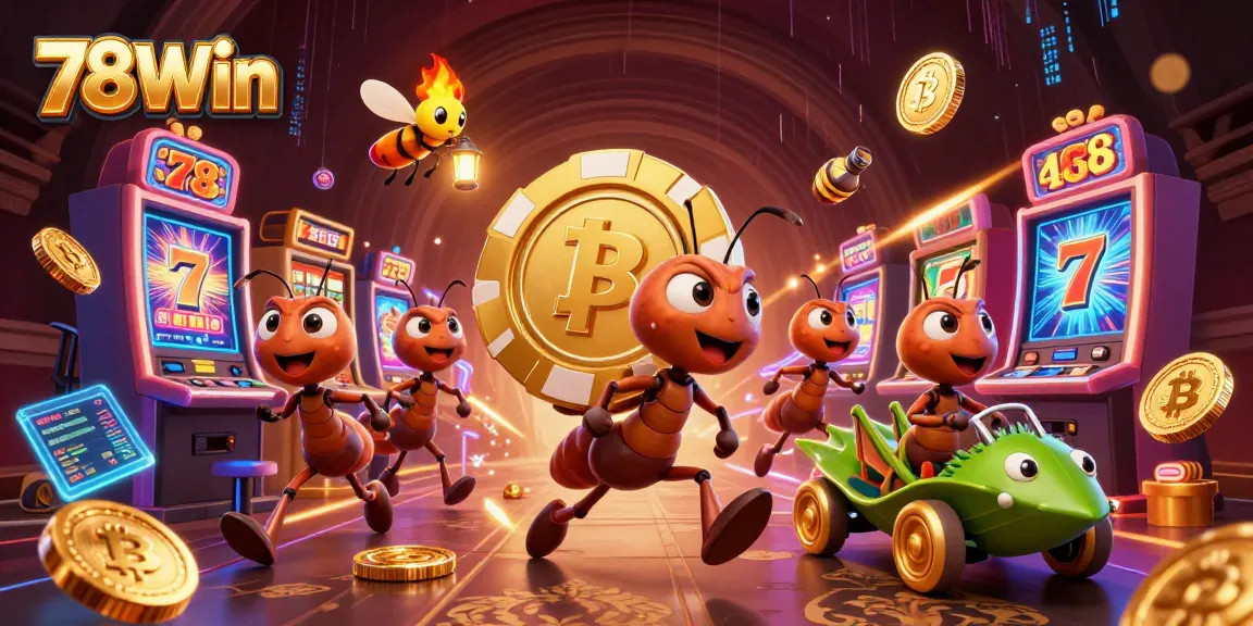 Engage with 78Win's thrilling casino heist featuring animated ants carrying a giant poker chip.