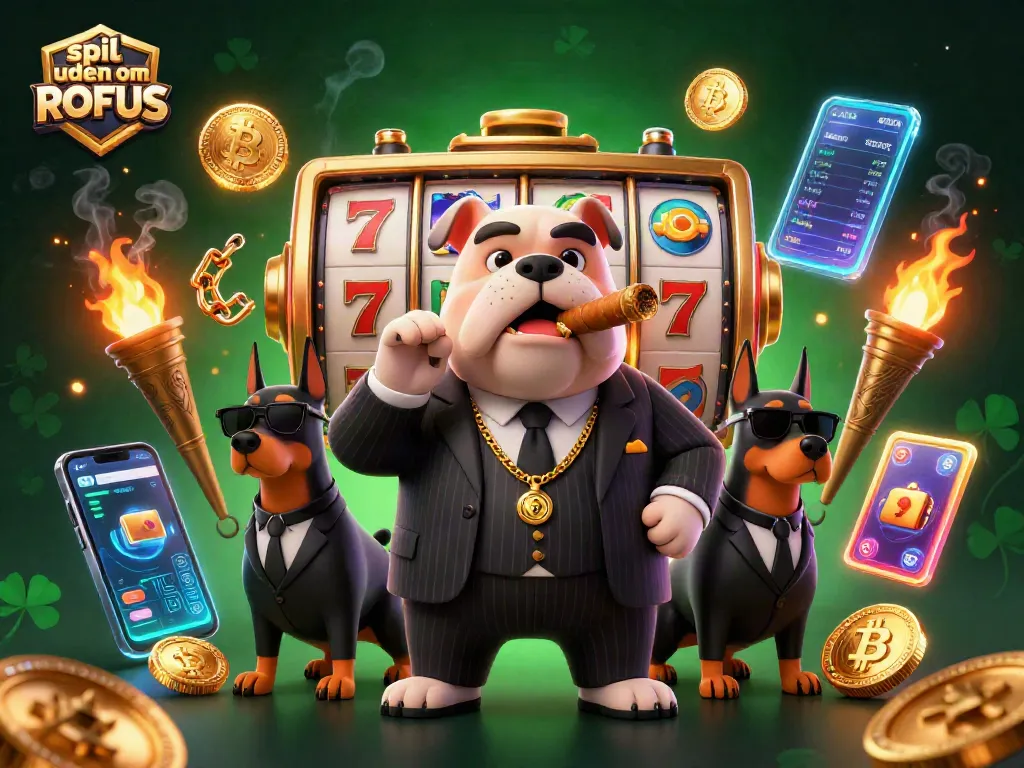 Engage in spil uden om ROFUS with colorful slots, a mafia boss bulldog, and crypto coins.