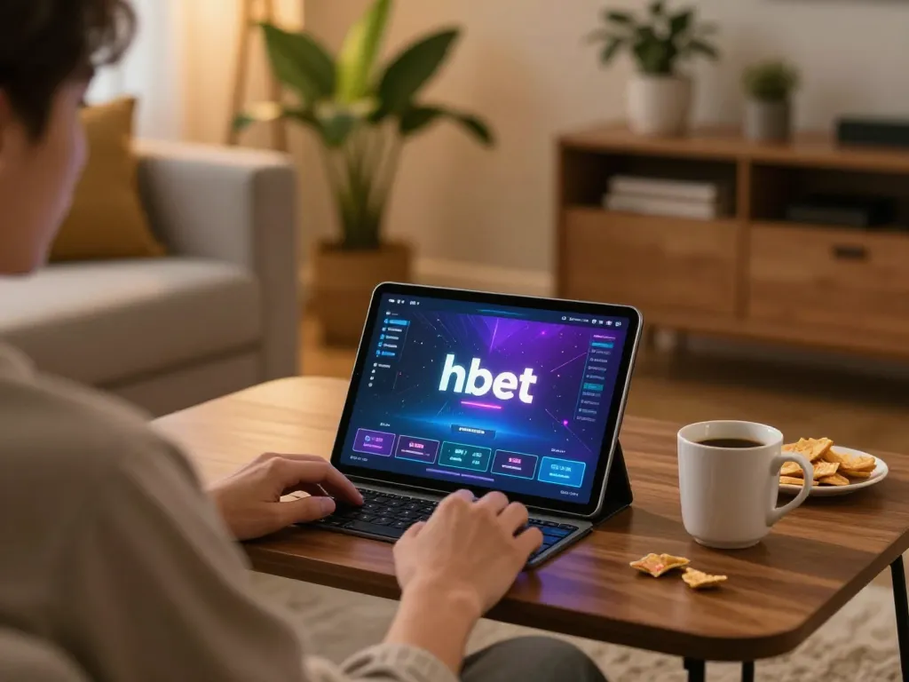 Engaging in hbet online gambling with vibrant tablet interface in a relaxed home setting.