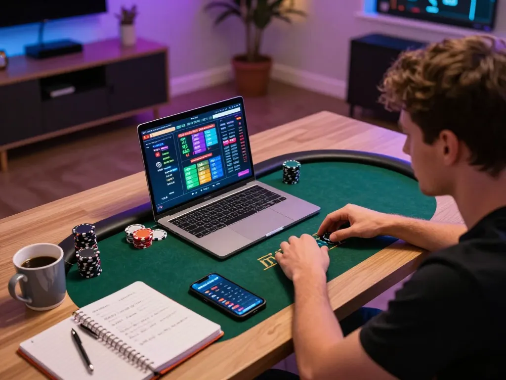Engaged player at Net 88 online poker game with strategic notes and laptop in modern setup.