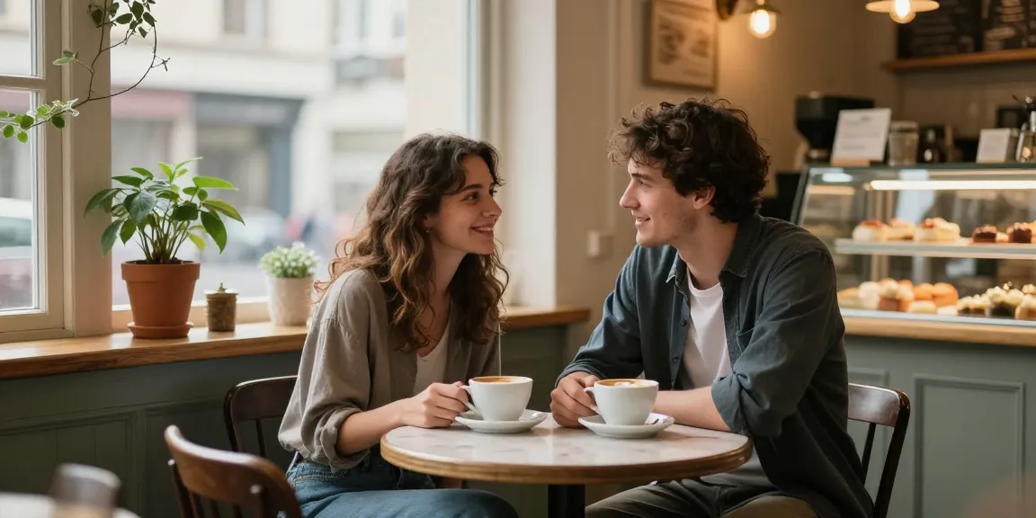 Youthful couple sharing a moment over coffee, suggesting feelings of a crush on someone special in a cozy café scene.
