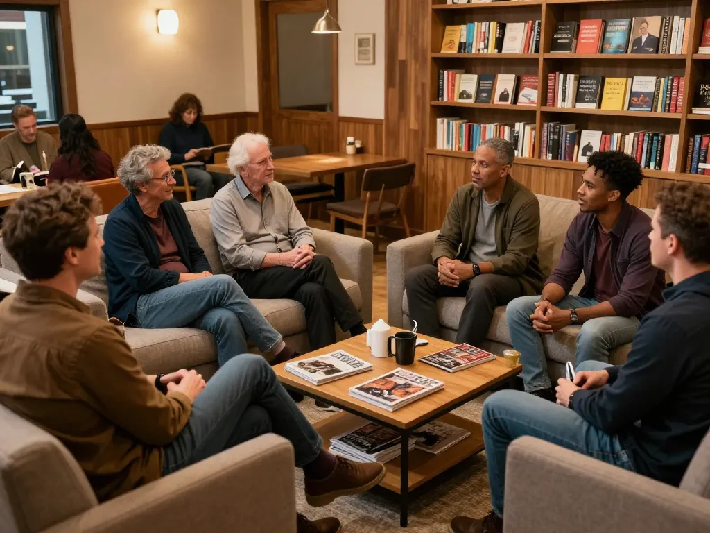 Supportive community at a man club gathering, men engaged in meaningful conversations.