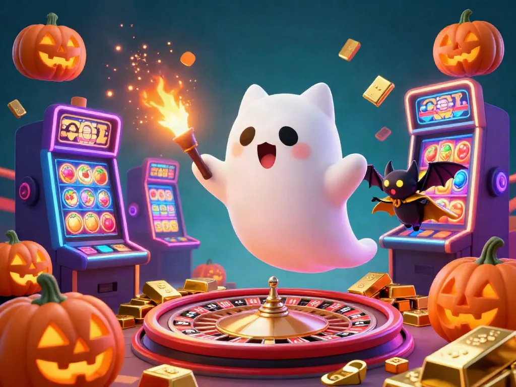 Enjoy thrilling gameplay at ku88 with an animated ghost cat and casino elements in a vibrant scene.
