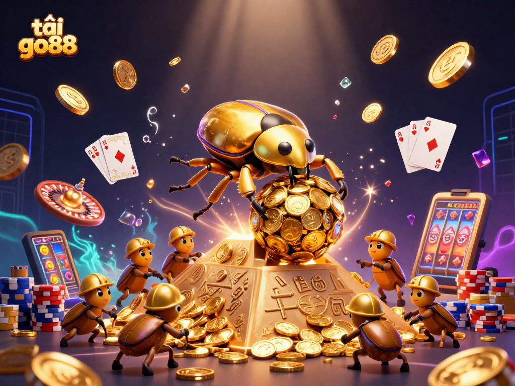 Spin to win at tải go88 with vibrant 3D illustration of a golden beetle and cascading coins.