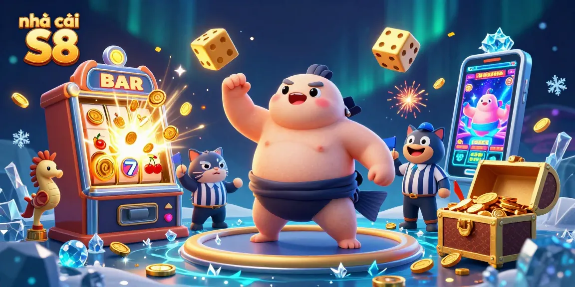 Experience the vibrant games of nhà cái S8 through colorful casino-themed illustration.