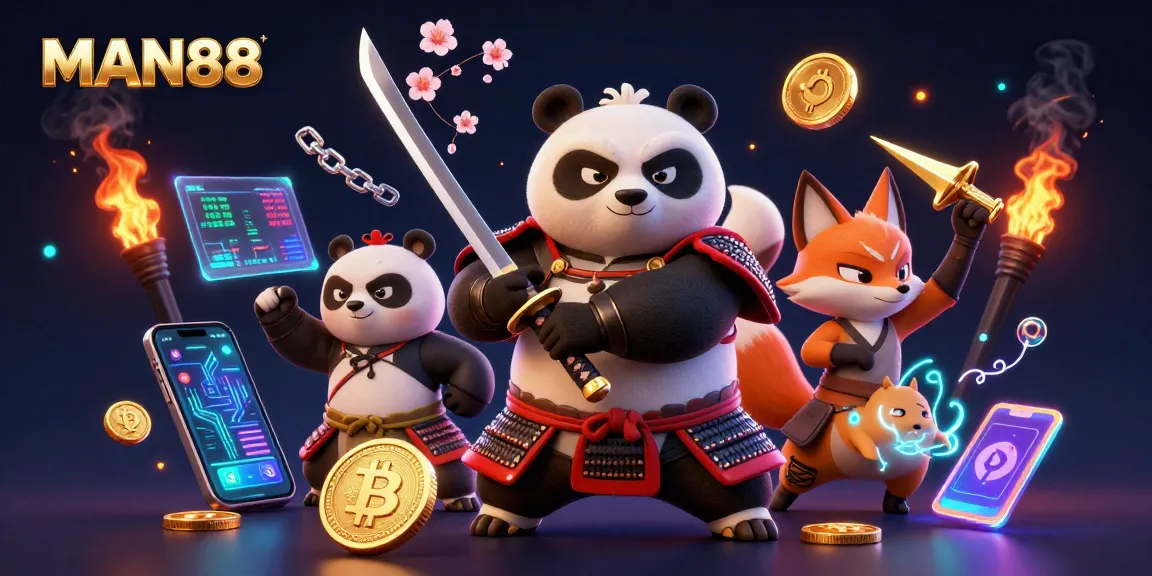 Engage with MAN88, a premium gambling experience featuring a dynamic scene of samurai panda, ninja fox, and magical tanuki.
