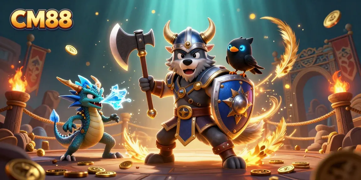 Experience thrilling games at CM88 with a Viking warrior and dragon in an epic casino setting.