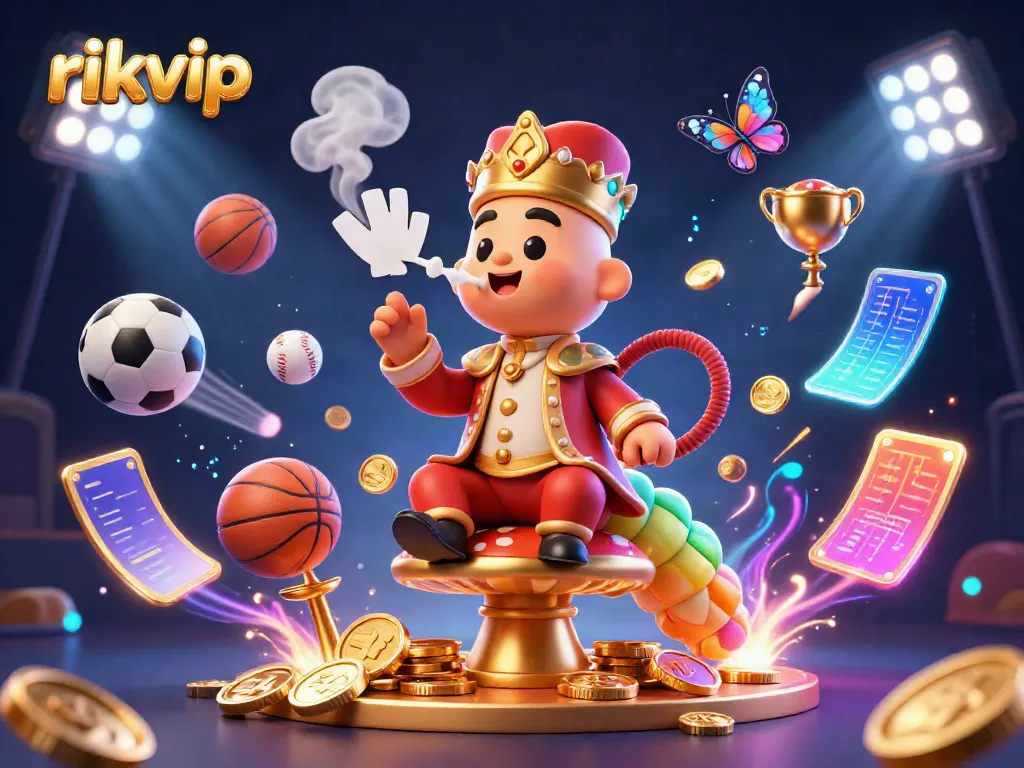 Experience the vibrant world of rikvip with a game-themed illustration featuring sports elements and casino motifs.