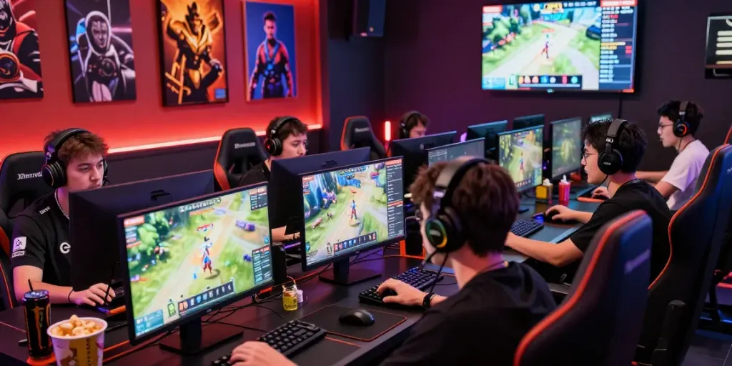 Gamers competing in rokok88 online tournament with dynamic LED setups.
