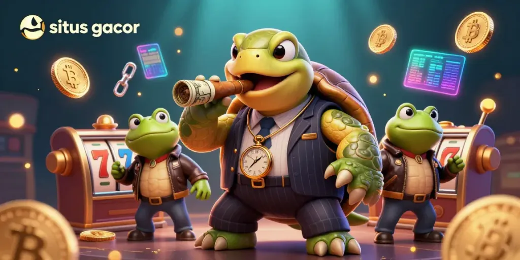 Experience winning at situs gacor with a dynamic illustration of a turtle in a pinstripe suit and slot elements.