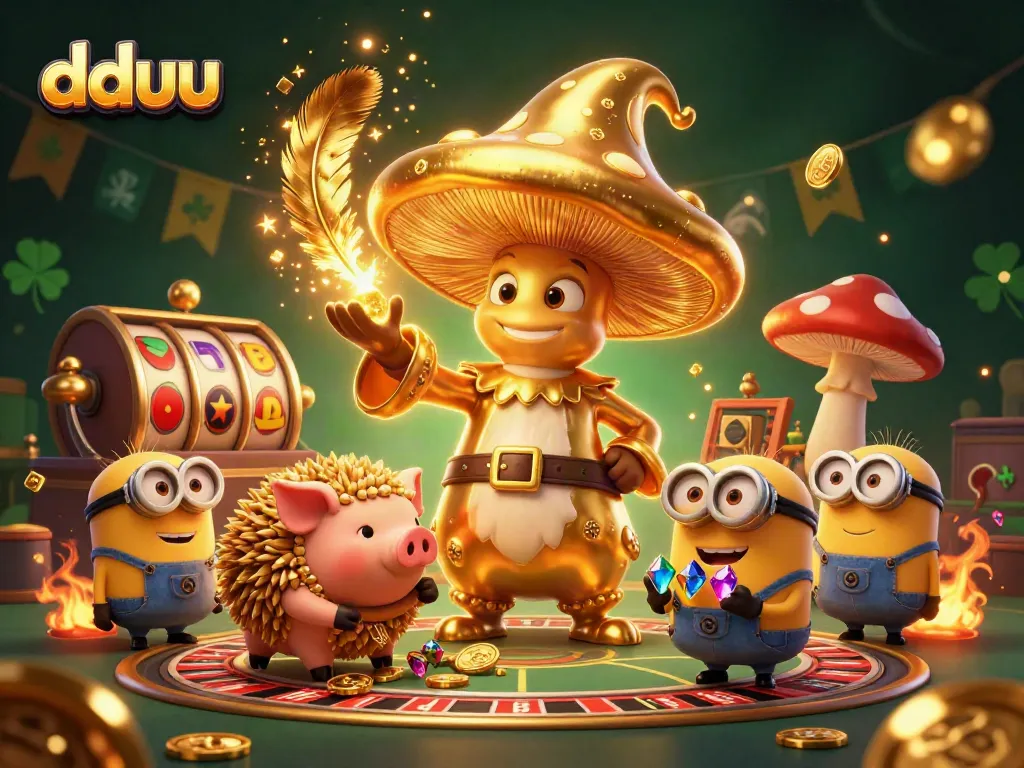 Experience the magic of dduu with a golden wizard and treasures in a vibrant casino scene.