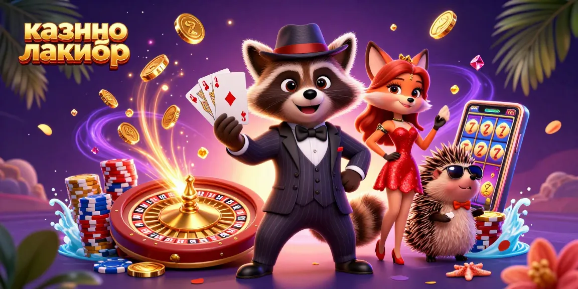 Experience casino excitement with казино лакибир in this vibrant 3D illustration featuring a raccoon, fox, and hedgehog surrounded by gaming elements.