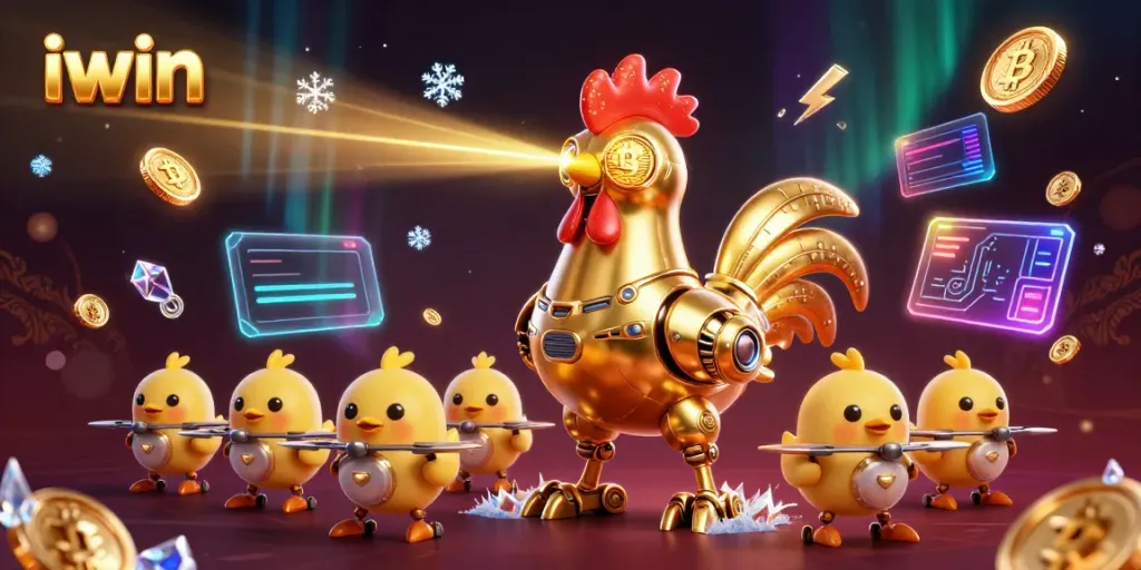 Engage in iwin’s thrilling world of gaming with a sci-fi visual of a golden rooster robot surrounded by crypto elements.