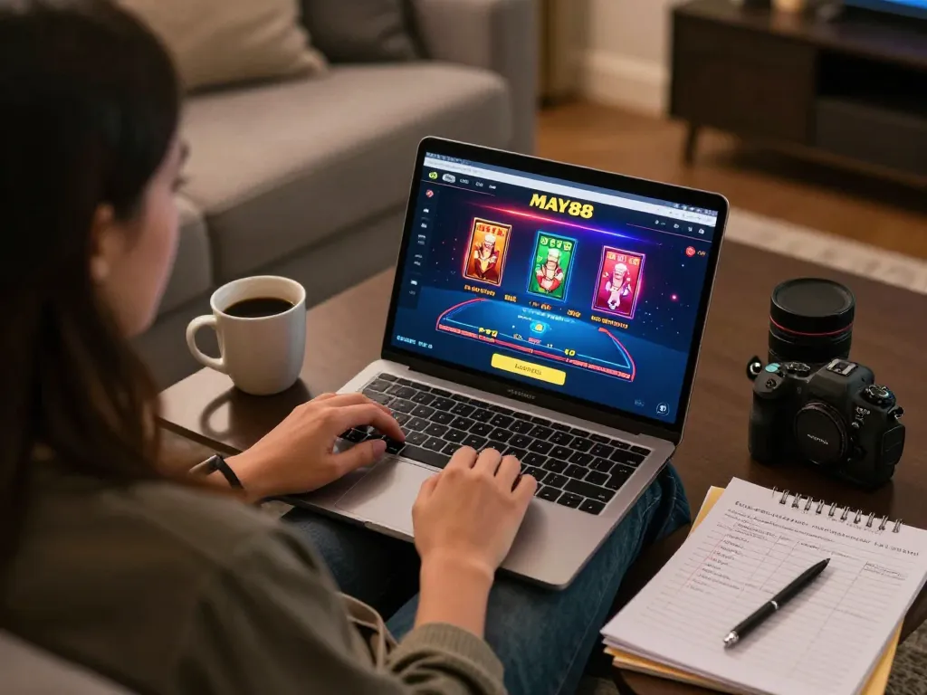 MAY88 user engaging in online casino gaming with strategic notes and a cozy atmosphere.