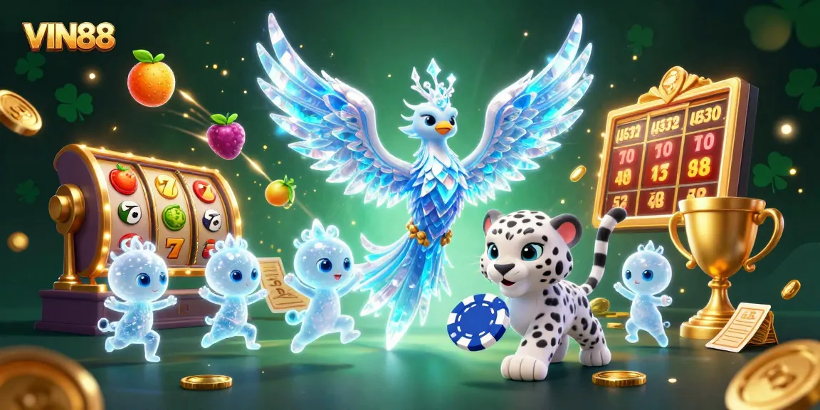 Experience thrilling slot action with VIN88's dazzling phoenix, glowing sprites, and vibrant game elements.