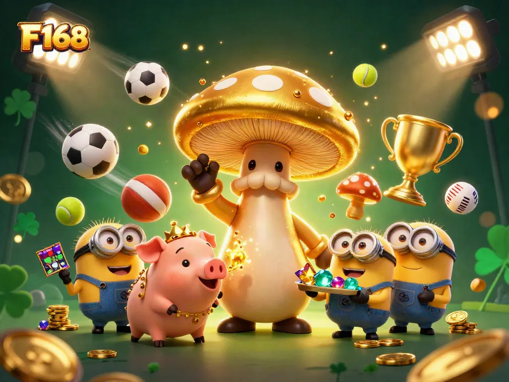 Experience F168 action with a magical golden mushroom wizard and treasure-hunting pig amidst sports excitement.