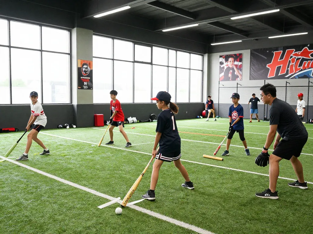 Hitclub training scene with young athletes practicing baseball techniques, showcasing teamwork and motivation.