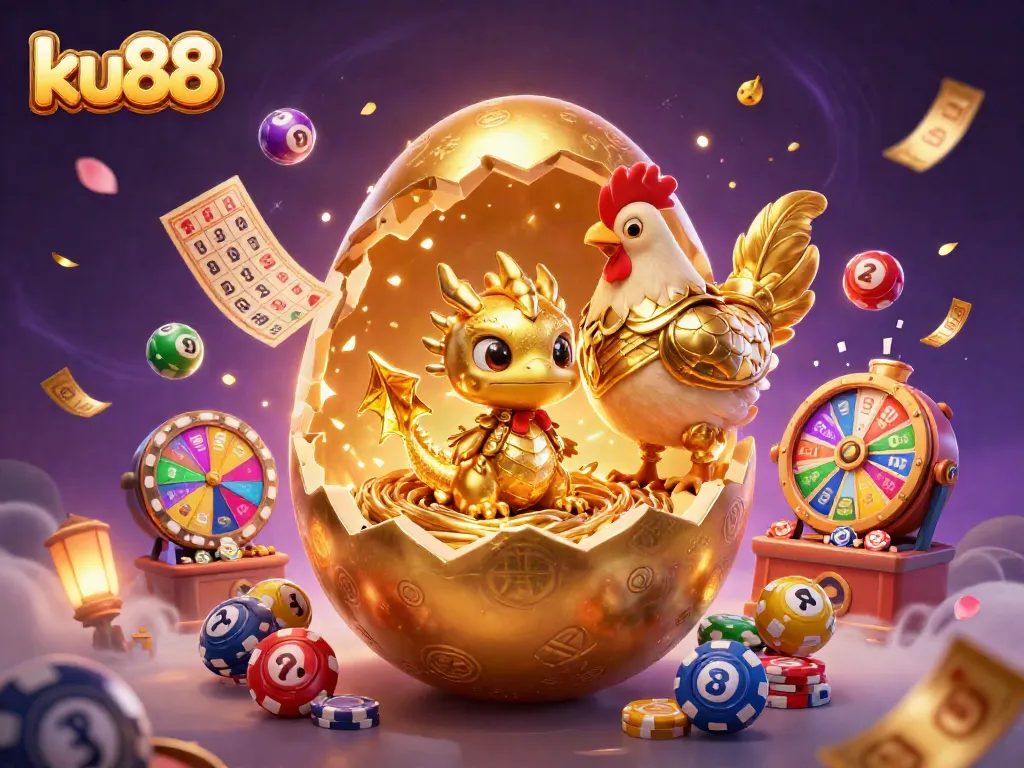 ku88 celebrates winning moments with a golden baby dragon amidst poker chips and lottery elements.
