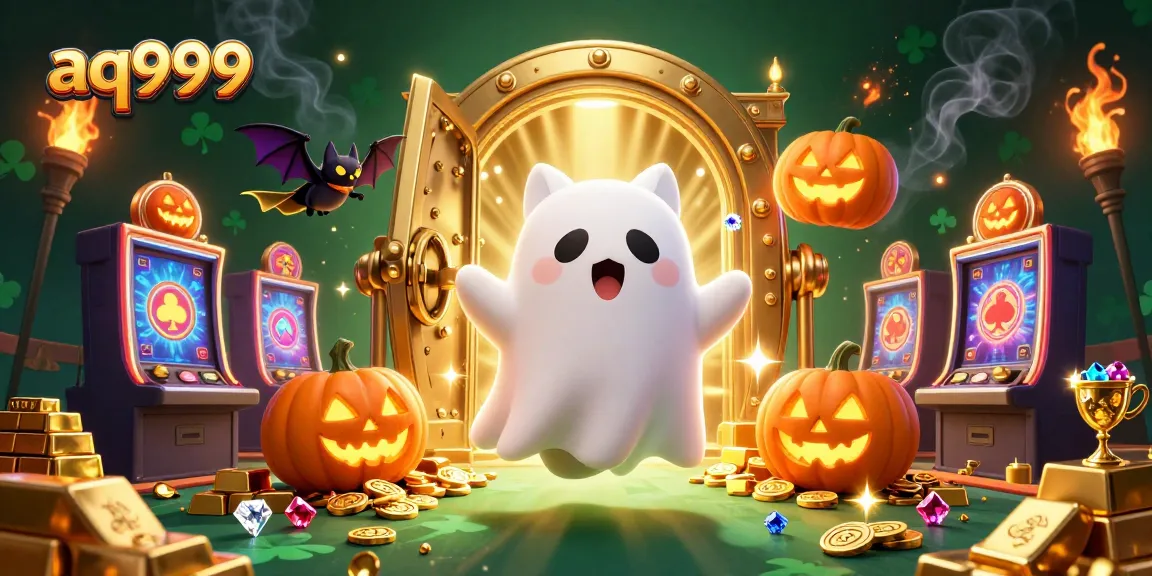 Play thrilling casino games at aq999 with vibrant illustrations of a ghost cat, bat, and glowing treasures.