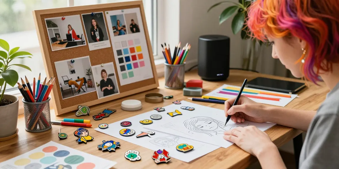 Designer creating custom enamel pins in a vibrant workspace with colorful art supplies.