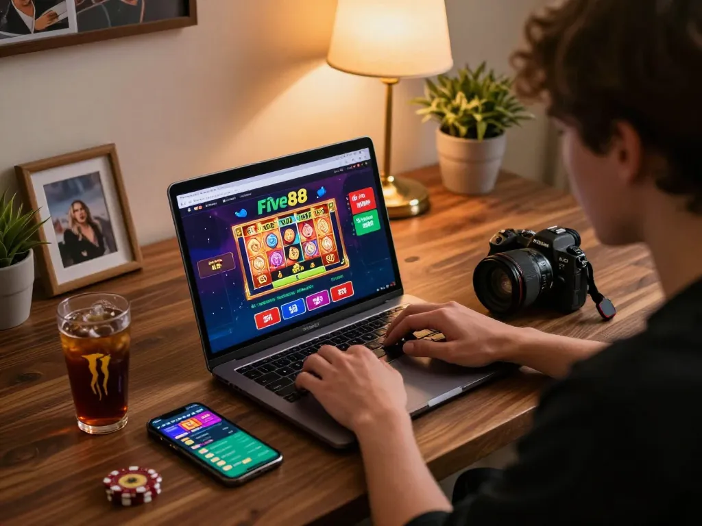 Engaged player using Five88 on a laptop for online casino gaming in a cozy home setting
