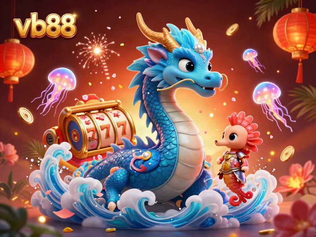 Join the excitement at vb88 with the vibrant dragon and seahorse in a captivating casino-themed scene.