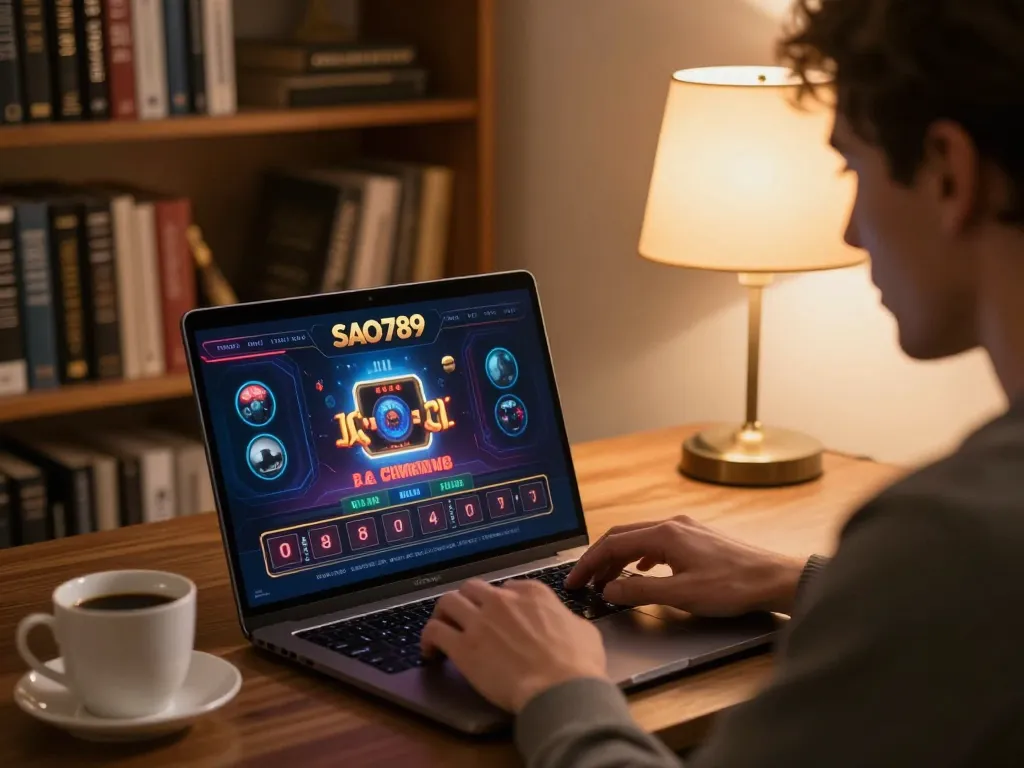 Sao789 players engaging in online gambling from a cozy home setup with strategy focus.