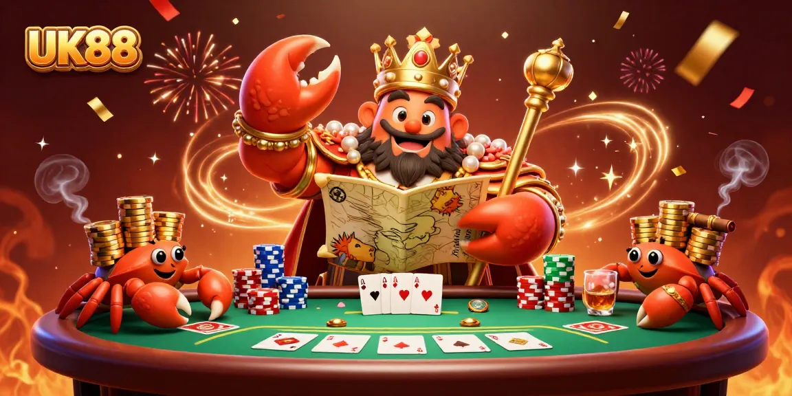 Experience the thrill of UK88 poker with a golden crab emperor in a vibrant casino setting.
