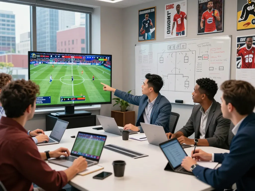 Live sports analysts discussing real-time scores and strategies to xem tỷ số bongdalu in a modern office setting.